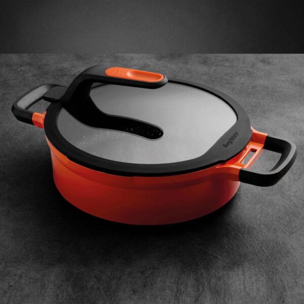 BergHOFF GEM Stay Cool 4.9 qt. Cast Aluminum Nonstick Saute Pan in Orange with Glass Lid and Dual Handles