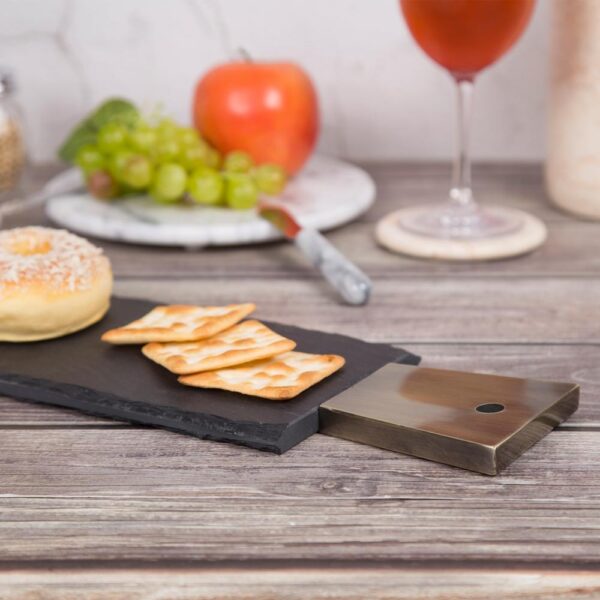 Creative Home Natural Slate Stone 13 in. x 5 in. x 1/2 in. H Black Cheese Serving Paddle Board with Stainless Steel Copper Trim Handle