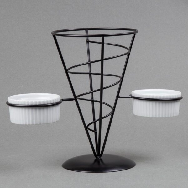 Creative Home Black Iron Wire French Fry Holder Set with Single Cone Holder, 2-Ceramic Ramekins for Dipping Sauce