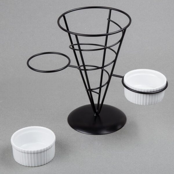 Creative Home Black Iron Wire French Fry Holder Set with Single Cone Holder, 2-Ceramic Ramekins for Dipping Sauce