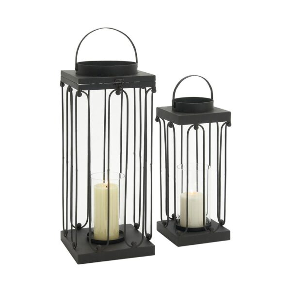 LITTON LANE Black Tin and Clear Glass Lantern Candle Holder (Set of 2)