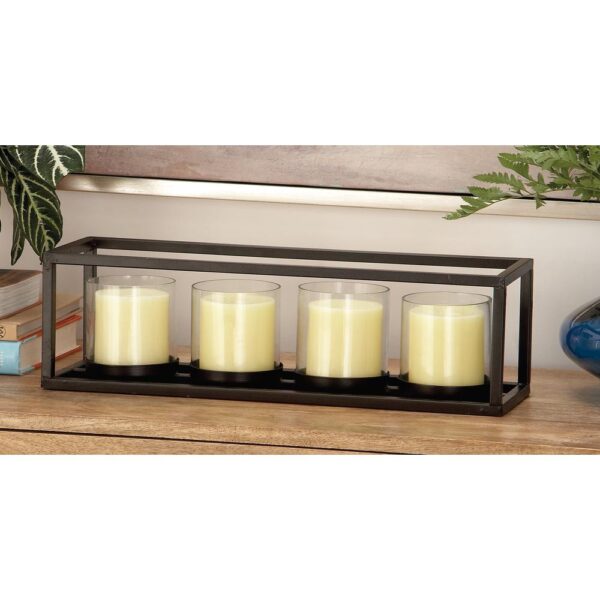 LITTON LANE 5 in. Black Iron and Clear Glass 4-Pedestal Rectangular Candle Holder