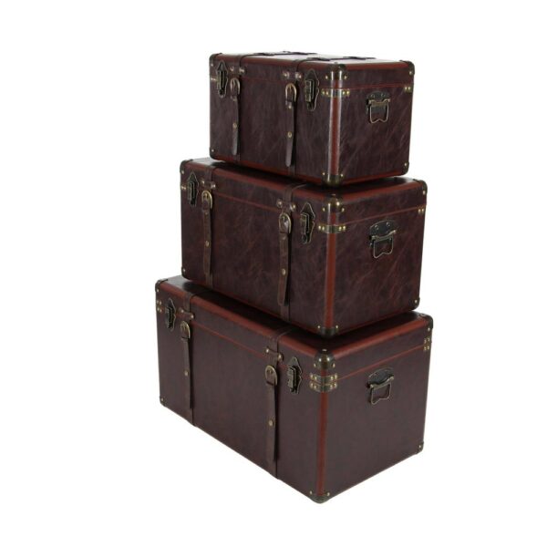 LITTON LANE Globetrotter Wood and Matte Brown Leather Case (Set of 3)