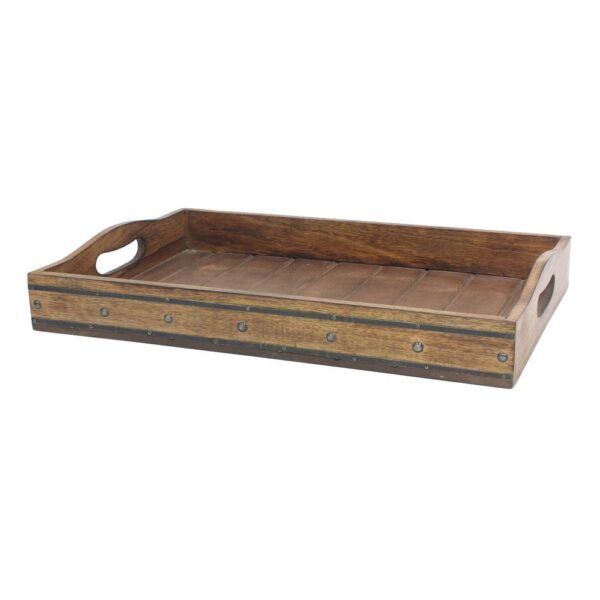 Stonebriar Collection Brown Rectangular Wooden Tray with Black Metal Trim and Rivets