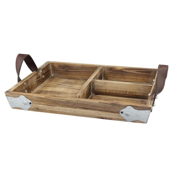 Stonebriar Collection Brown Wood Tray with Leather Handles