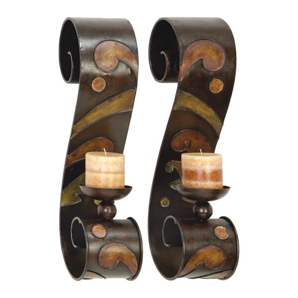 LITTON LANE 19 in. x 5 in. Scrolled Iron Candle Sconces with Metallic Brown Finish (Pair)