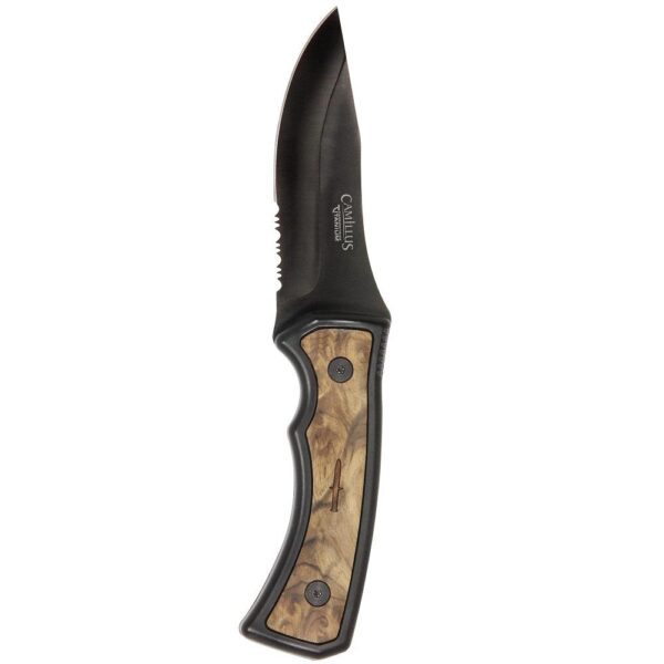 Camillus Mountaineer 4 in. Carbonitride Titanium Drop Point Partially Serrated Fixed Blade Knife, Ergonomic Wood Accent Handle