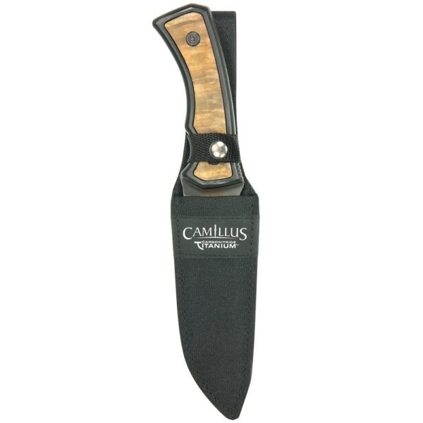 Camillus Mountaineer 4 in. Carbonitride Titanium Drop Point Partially Serrated Fixed Blade Knife, Ergonomic Wood Accent Handle