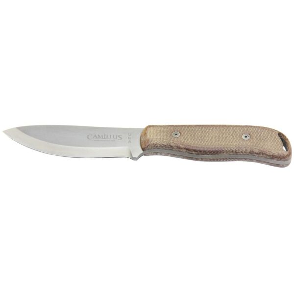 Camillus Bushcrafter 4 in. Carbon Steel Drop Point Scandi Grind Fixed Blade Knife, Micarta Handle with Leather Sheath