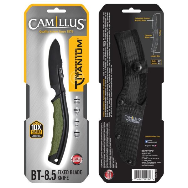 Camillus BT-5 3.5 in. Carbonitride Titanium Drop Point Straight Edge Full Tang Fixed Blade Knife with Sheath, Ergonomic Handle