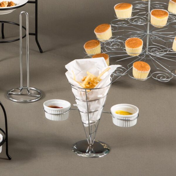 Creative Home Chrome Iron Wire French Fry Set with Single Cone Holder, 2-Ceramic Ramekins for Dipping Sauce