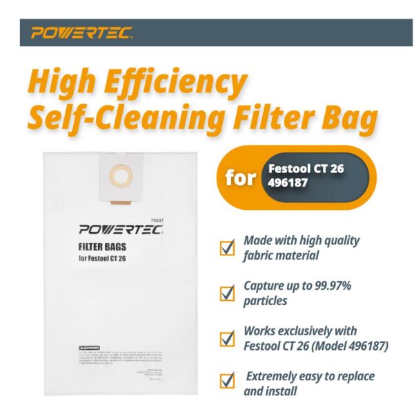 POWERTEC Self-Cleaning Filter Replacement Bag for Festool CT 26 (5-Pack)
