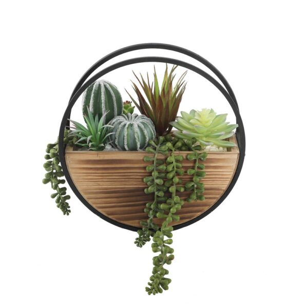 Flora Bunda 11 in. Round Wood and Metal Wall Faux Succulents Mix