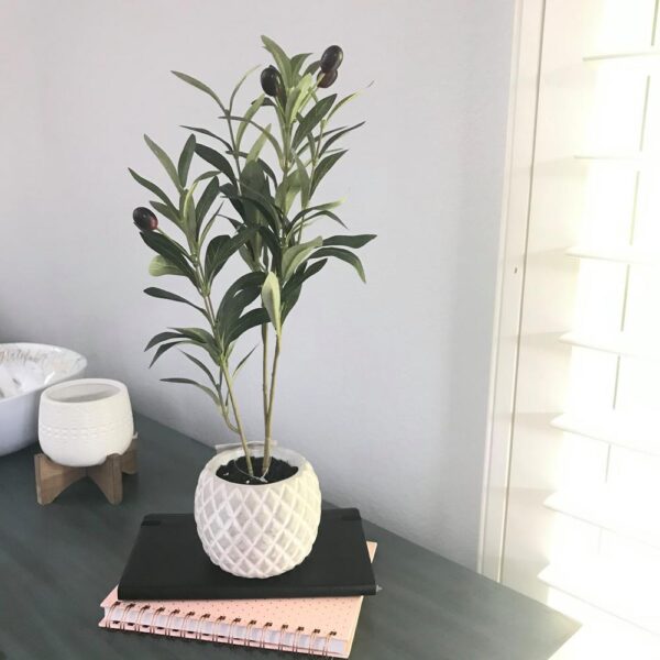 Flora Bunda 14 in. Faux Olive Branch in 4 in White Pineapple Pattern Cement Pot