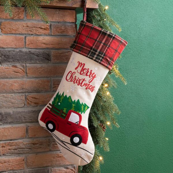 Glitzhome 21 in. L Embroidered Linen Christmas Stocking - Red Truck