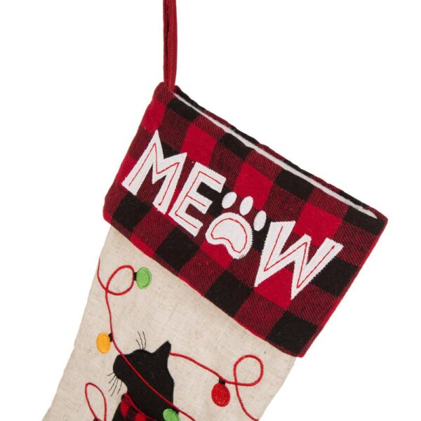 Glitzhome 21 in. Polyester LED Embroidered Linen Cat Christmas Stocking (2-Pack)