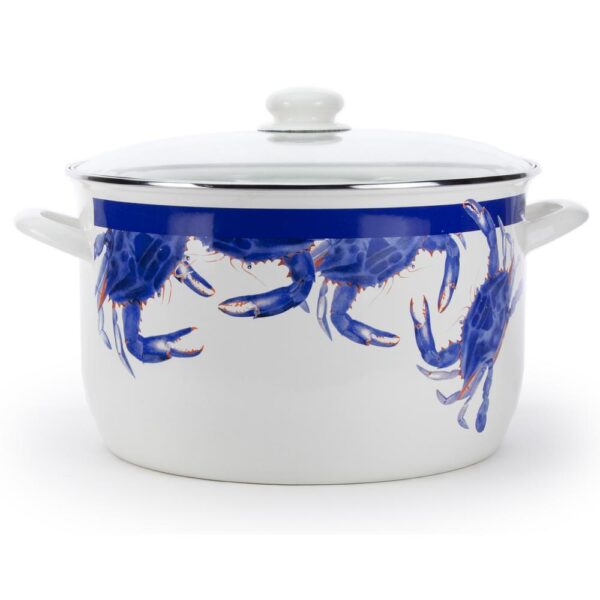 Golden Rabbit Blue Crab 18 qt. Porcelain-Coated Steel Stock Pot in Blue with Glass Lid