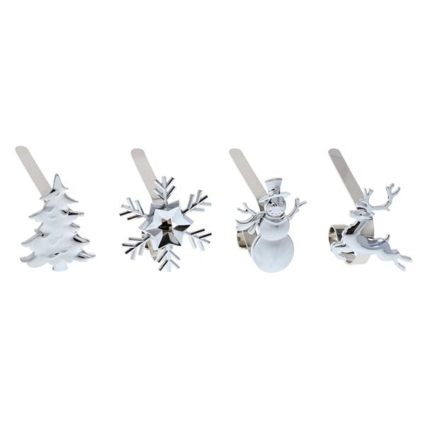 Haute Decor Silver MantleClip Stocking Holder with Assorted Holiday Icons (4-Pack)