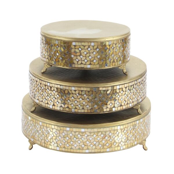 LITTON LANE Gold Iron and Glass Mosaic Round Cake Stand (Set of 3)