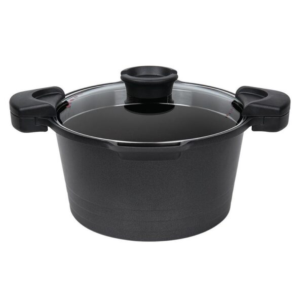 MasterPan Innovative Series 5 qt. Cast Aluminum Non-Stick Stock N Pasta Pot in Black with Easy Pour Strainer and Glass Lid