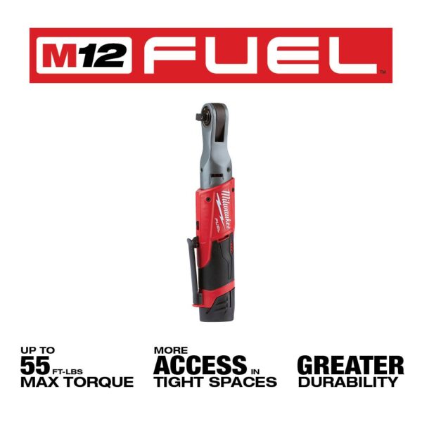 Milwaukee M12 FUEL 12-Volt Lithium-Ion Brushless Cordless 3/8 in. Ratchet Kit with (2) 2.0Ah Batteries, Charger & Tool Bag