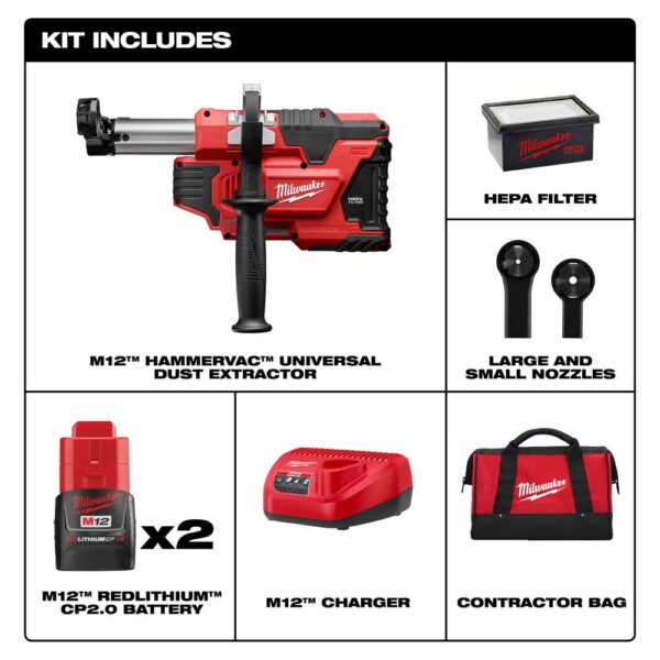 Milwaukee M12 12-Volt Lithium-Ion Cordless HammerVac Universal Dust Extractor Kit W/(2) 1.5Ah Batteries, Charger & Case