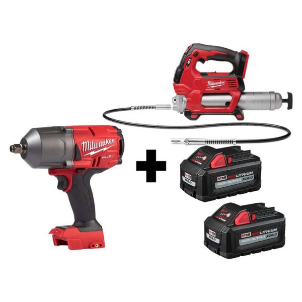 Milwaukee M18 FUEL 18-Volt 1/2 in. Lithium-Ion Brushless Cordless Impact Wrench with Friction Ring & Grease Gun with Two Batteries