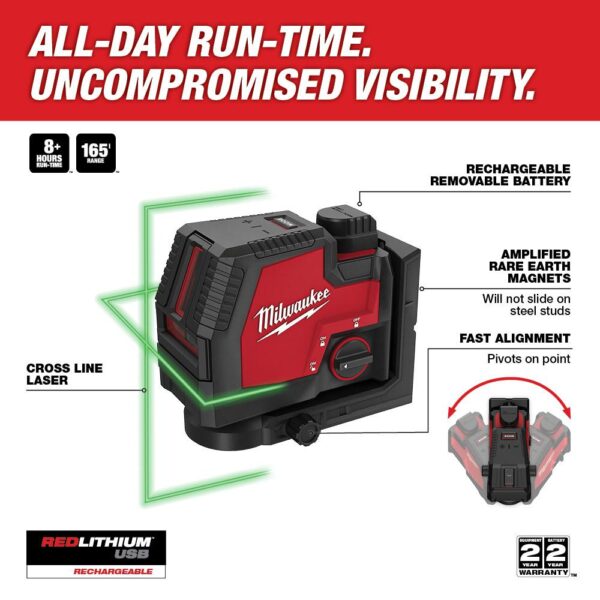 Milwaukee 100 ft. REDLITHIUM Lithium-Ion USB Green Rechargeable Cross Line Laser Level with Charger