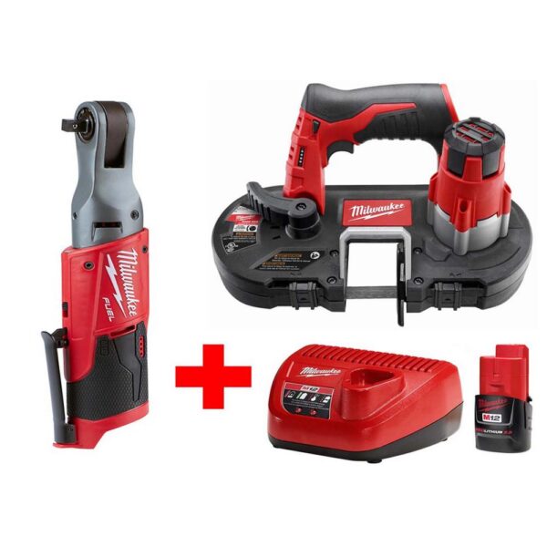 Milwaukee M12 12-Volt Lithium-Ion Cordless Sub-Compact Band Saw and 3/8 in. Ratchet Combo Kit W/ (1) 2.0Ah Battery and Charger