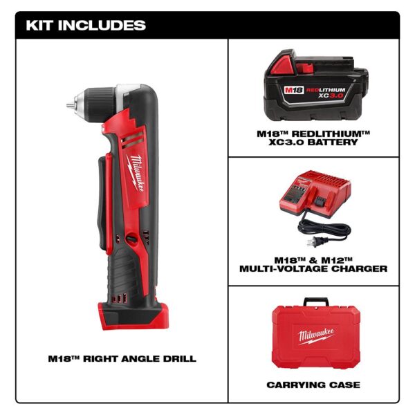 Milwaukee M18 18-Volt Lithium-Ion Cordless 3/8 in. Right Angle Drill Kit W/(1) 3.0Ah Batteries, Charger, Hard Case