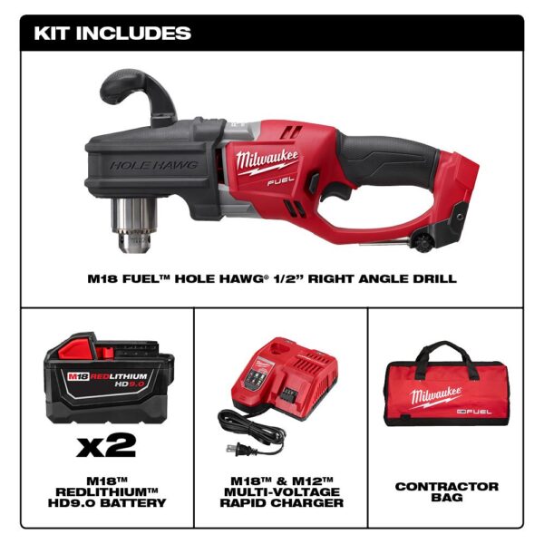 Milwaukee M18 FUEL 18-Volt Lithium-Ion Brushless Cordless Hole Hawg 1/2 in. Right Angle Drill Kit W/(2) 9.0Ah Batteries