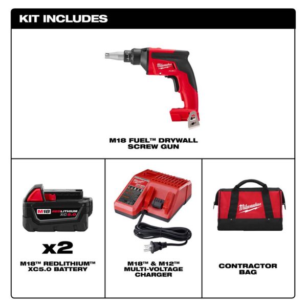 Milwaukee M18 FUEL 18-Volt Lithium-Ion Brushless Cordless Drywall Screw Gun Kit with (2) 5.0Ah Batteries, Charger and Tool Bag