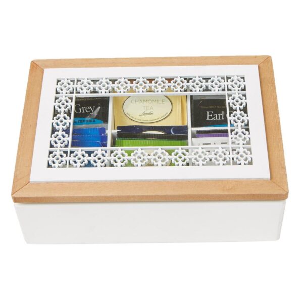 Mind Reader Brown Tea Box Storage Holder with Glass Window Wood Pattern