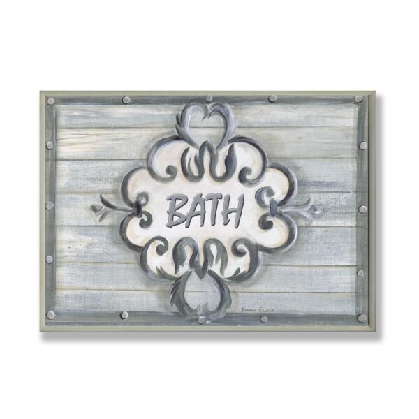 Stupell Industries 12.5 in. x 18.5 in. "Bath Grey Bead Board with Scroll Plaque Bathroom" by Bonnie Wrublesky Printed Wood Wall Art