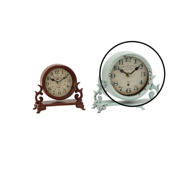 LITTON LANE 7 in. x 7 in. Burgundy Red and Mint Green Round Table Clocks on Rectangular Scrollwork-Designed Base (Set of 2)
