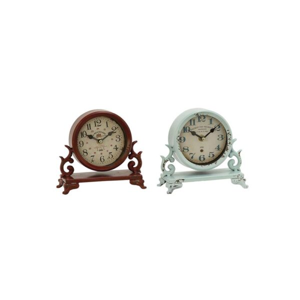 LITTON LANE 7 in. x 7 in. Burgundy Red and Mint Green Round Table Clocks on Rectangular Scrollwork-Designed Base (Set of 2)