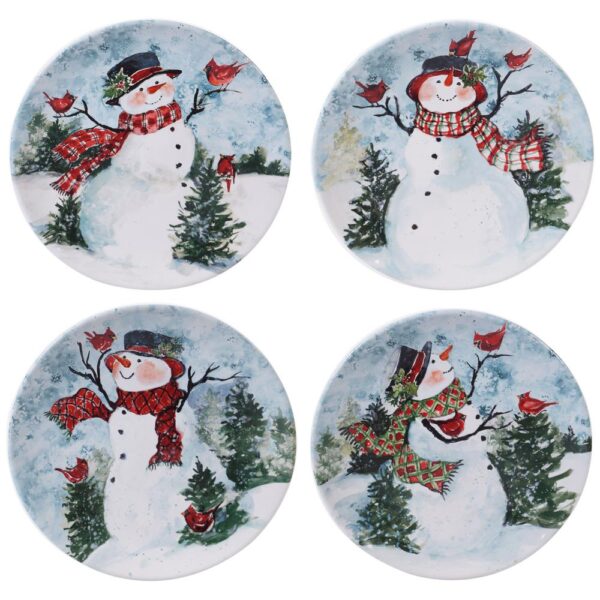 Certified International Watercolor Snowman 4-Piece Holiday Multicolored Earthenware 11 in. Dinner Plate Set (Service for 4)