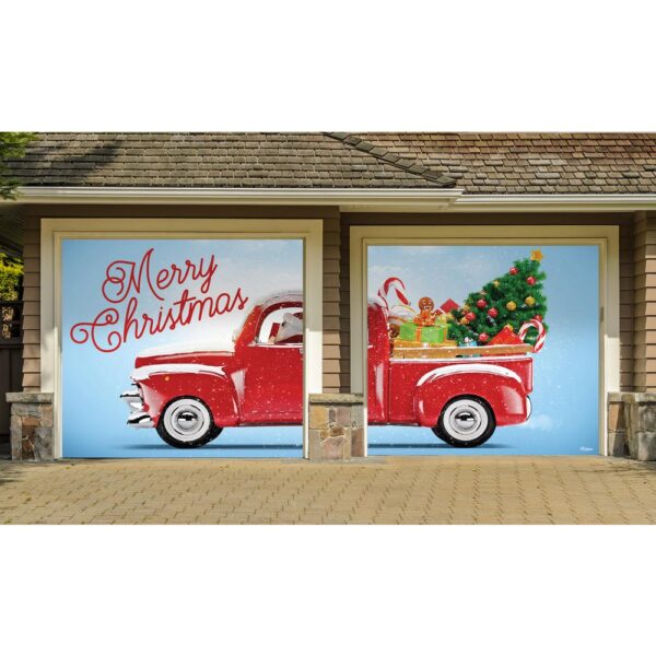 My Door Decor 7 ft. x 8 ft. Red Truck Christmas-Christmas Garage Door Decor Mural for Split Car Garage