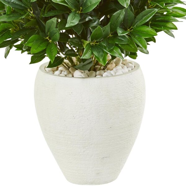 Nearly Natural Indoor/Outdoor 44-In. Bay Leaf Cone Topiary Artificial Tree in White Planter