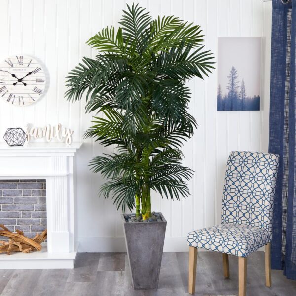 Nearly Natural 7 ft. Golden Cane Artificial Palm Tree in Cement Planter