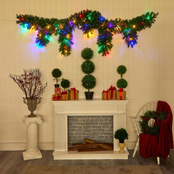 Nearly Natural 9 ft. x 12 in. Hanging Icicle Artificial Christmas Garland with 50 Multi-Colored LED Lights, Berries and Pine Cones