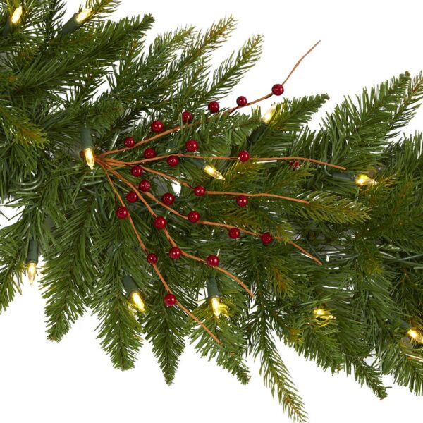 Nearly Natural 6 ft. Pre-Lit Christmas Pine Artificial Garland with 50 Warm White LED Lights and Berries
