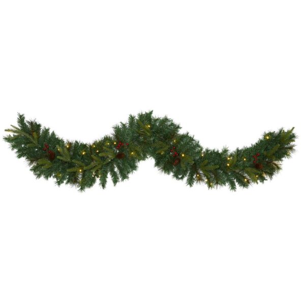 Nearly Natural 6 ft. Battery Operated Pre-lit Mixed Pine Artificial Christmas Garland with 35 Clear LED Lights, Berries and Pinecones