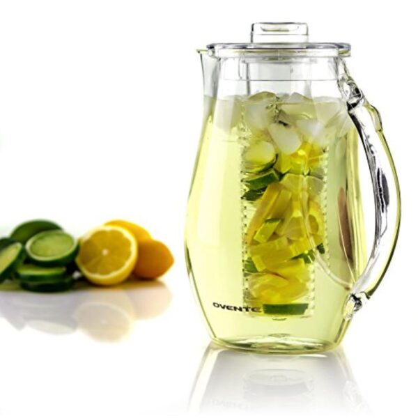 Ovente 84 fl. oz. Clear Pitcher with Removable Fruit Infuser Rod and Ice Rod, Non-Slip Handle, Drip-Free Spout