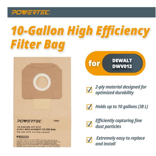 POWERTEC 10 Gal. High Efficiency Filter Bags for DeWalt DWV012 Dust Extractors (5-Pack)