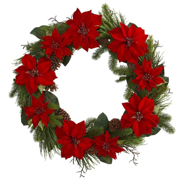 Nearly Natural 36 in. Poinsettia and Pine Wreath