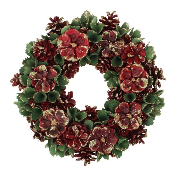 Northlight 13.5 in. Unlit Red and Green Floral and Pine Cone Wooden Christmas Wreath