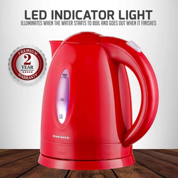 Ovente KP72R 7-Cup Red BPA Free Electric Kettle With Auto Shut-Off and Boil-Dry Protection