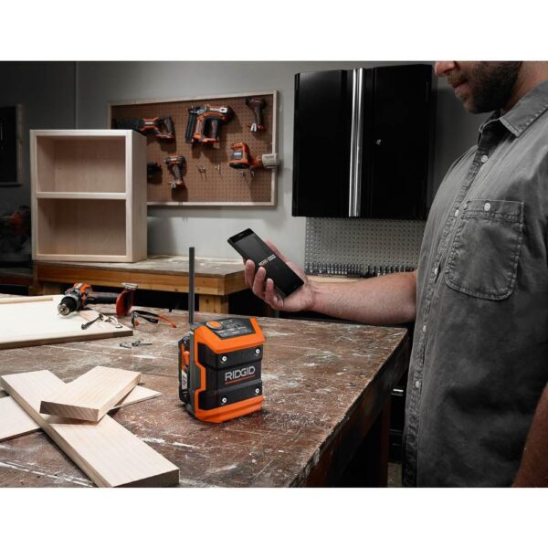 RIDGID 18-Volt Cordless Mini Bluetooth Radio with Radio App with 1.5 Ah Battery and 18-Volt Charger
