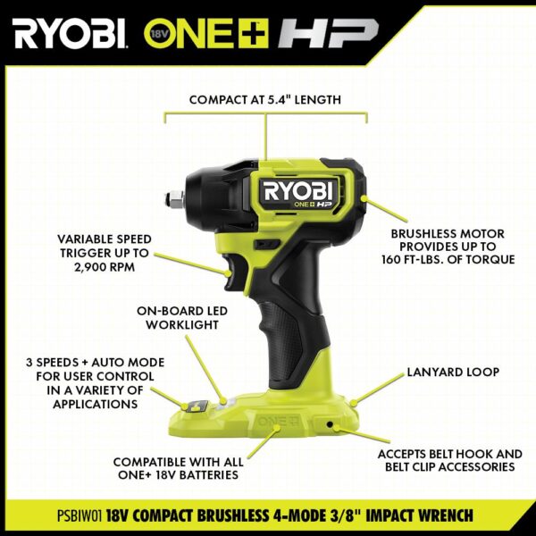 RYOBI ONE+ HP 18V Brushless Cordless Compact 1/2 in. Drill/Driver, Impact Driver, Impact Wrench, (2) Batteries, Charger
